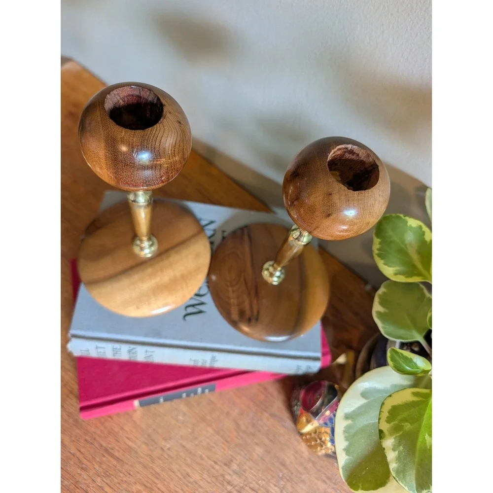 Vintage Myrtlewood Candlestick Holders Set Oregon Hand Turned Wood MCM 6 Inch
